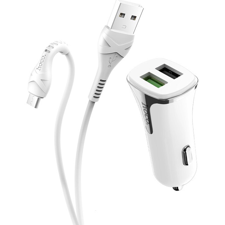 Incarcator auto Hoco Z31 Universe, dual USB, QC3.0, 3.4A, Cablu MicroUSB inclus, Alb