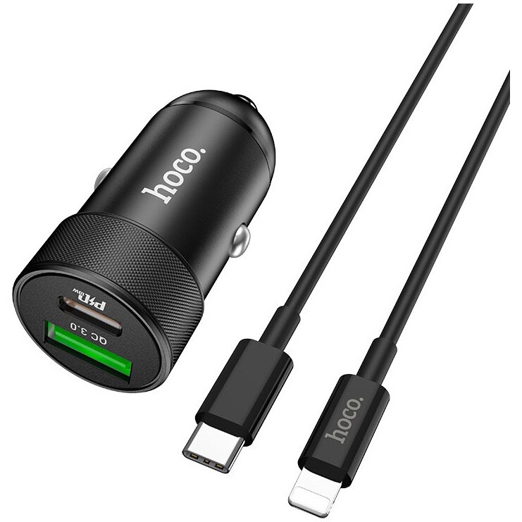 Set Incarcator Auto+Cablu Date Type C to Lighning Hoco Z32B 2xUSB QC3.0, 1m, Negru