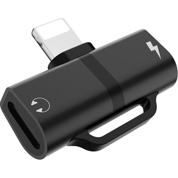 Convertor tip Lightning Hoco, LS20, Incarcare 2A, interfata audio tip Lightning, Negru