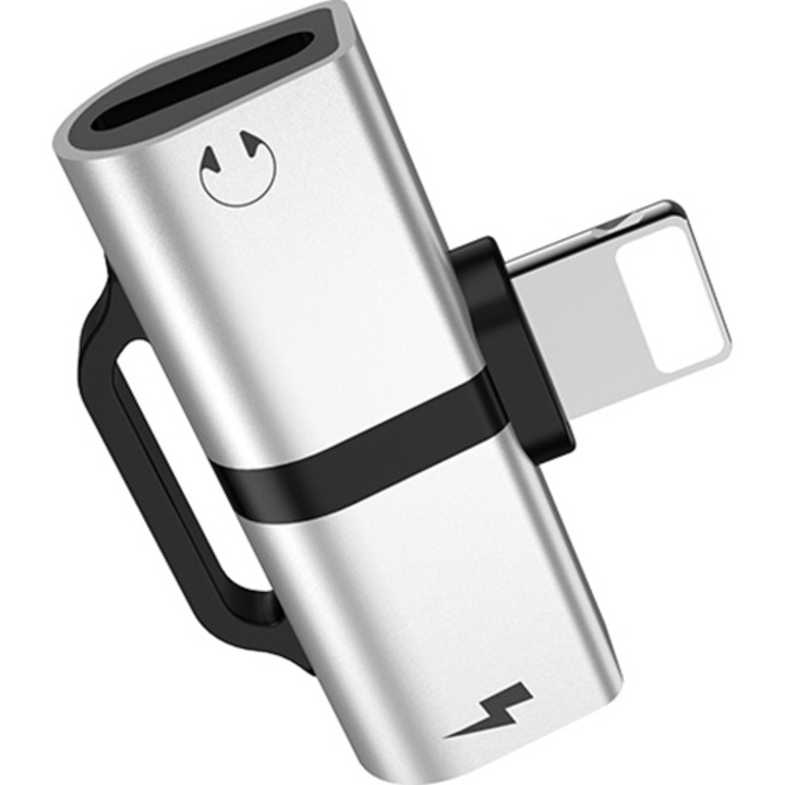 Convertor tip Lightning Hoco, LS20, Incarcare 2A, interfata audio tip Lightning, Argintiu