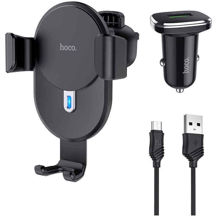 Suport Auto grila Hoco CW25 Wireless + Set Incarcator Auto si Cablu Date Micro Usb, Negru