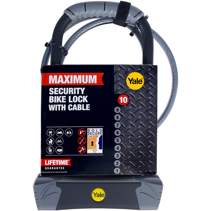 Antifurt bicicleta Yale Maximum Security, tip U + cablu, cu cheie