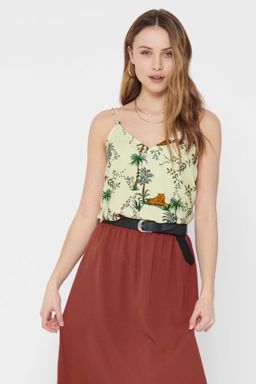 Only, Top cu decolteu in V si bretele multiple, Crem/Verde/Galben, L