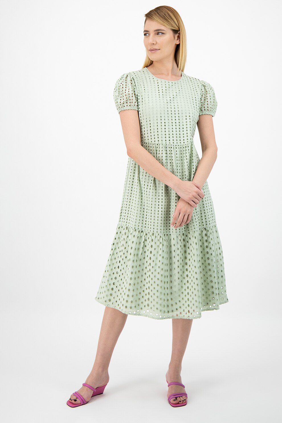 Only, Rochie evazata din dantela Sangallo, Verde sparanghel, L