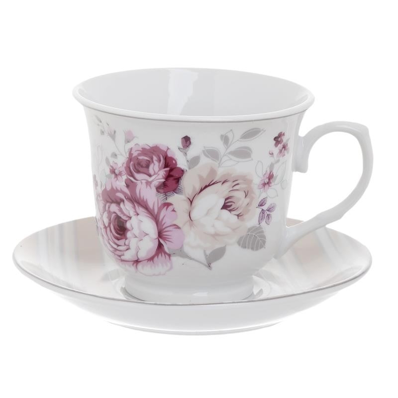 Set 6 cesti si 6 farfurioare din portelan pentru ceai, model floral, pink, 200 ml