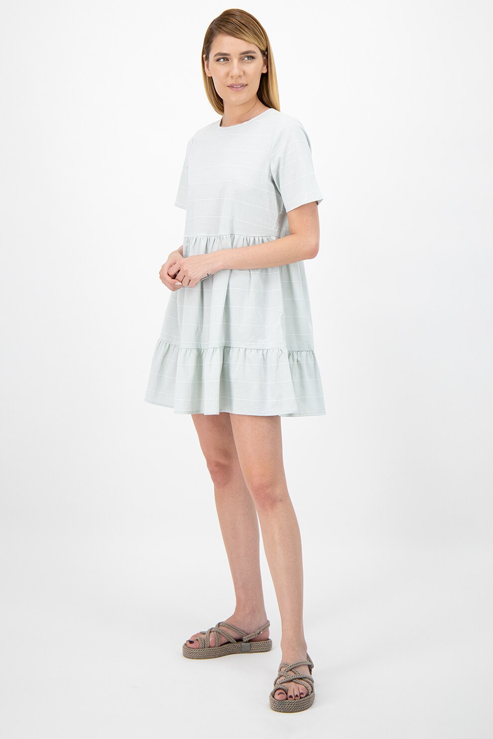 Vero Moda, Rochie mini evazata, Verde sparanghel/Alb