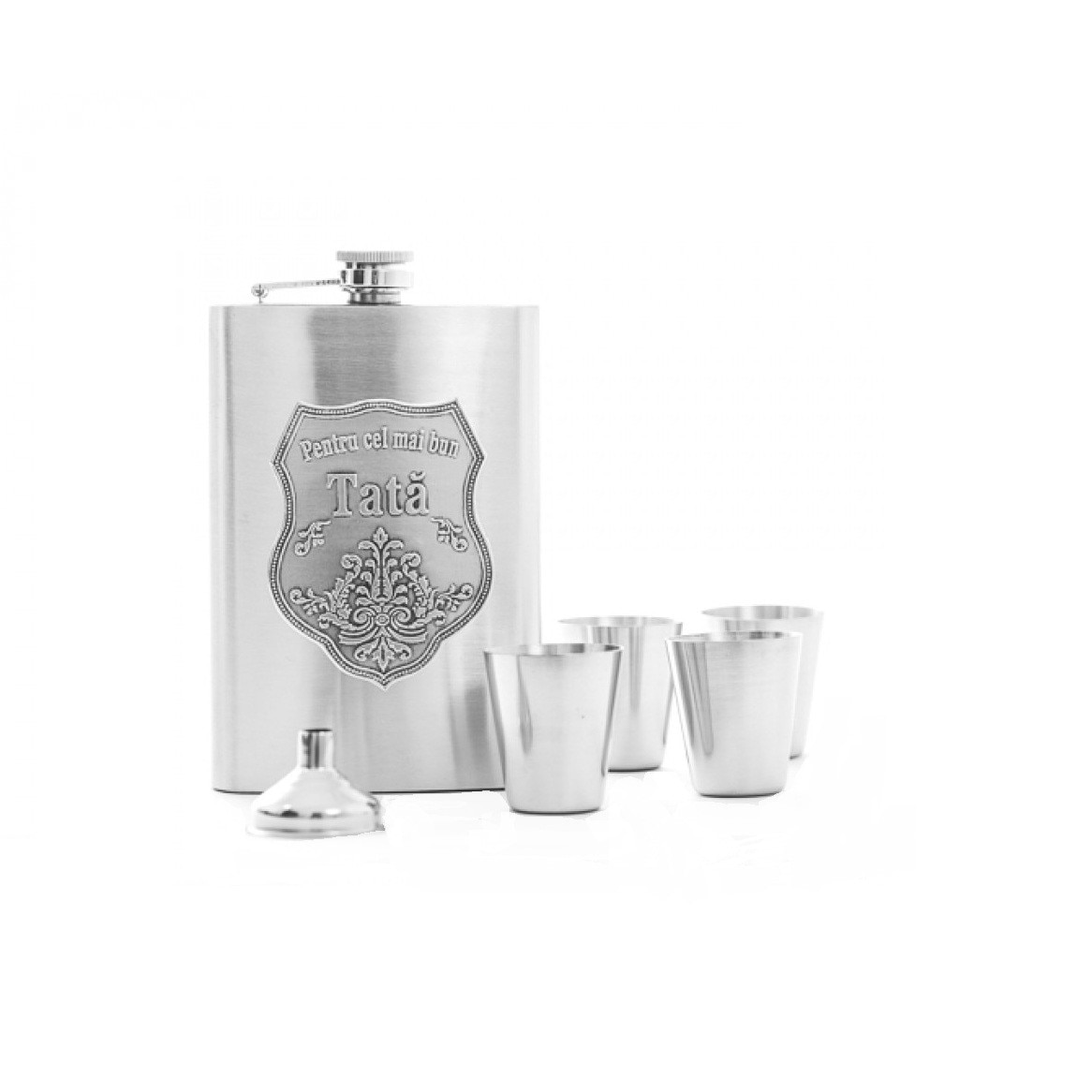 Set plosca cu palnie si 4 pahare din inox in cutie eleganta 