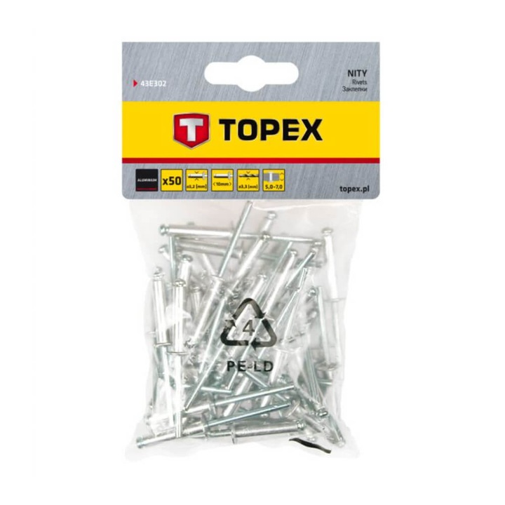 Alumínium szegecsek, Topex, 50 db/készlet, 3,2 x 10 mm, Topex alumínium szegecsek, alumínium szegecskészlet, Topex szegecsek, barkács, általános célú kötőelemek, szegecsek készletenként