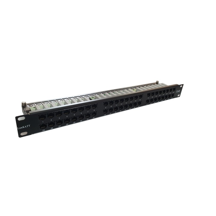 Пач панел LanKATT, 19", cat6, UTP, 48 порта x RJ45 - 1U, Интегрирана кабелна поставка Gigabit