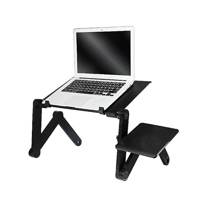 Palmonix Hordozható Laptop állvány, Egér tartóval, Összecsukható lábak, 180 ° -os állítható szög, Alumínium, Fekete