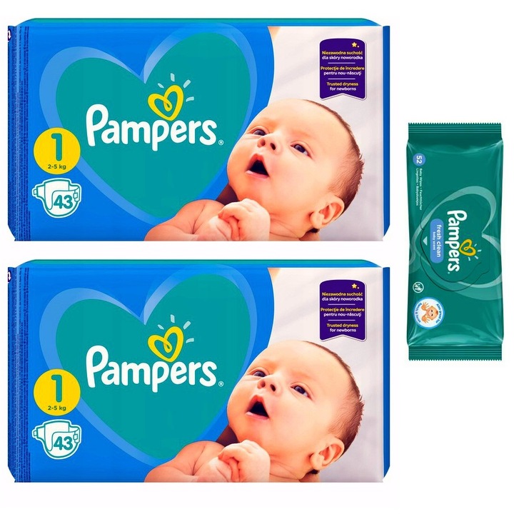 Пелени Pampers Active Baby Giant Pack, No. 1, 2-5 кг, 86 броя, Включени кърпички Pampers, 52 броя