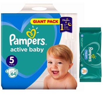 Pachet Scutece Pampers Active Baby Giant Pack, Nr. 5, 11-18 kg, 64 Buc si Servetele Pampers 52 Buc Pachet Scutece Pampers Active Baby Giant Pack, Nr. 5, 11-18 kg, 64 Buc si Servetele Pampers 52 Buc