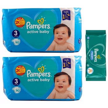 Pachet Scutece Pampers Active Baby Giant Pack, Nr. 3, 6-10 kg, 180 Buc si Servetele Pampers 52 Buc Pachet Scutece Pampers Active Baby Giant Pack, Nr. 3, 6-10 kg, 180 Buc si Servetele Pampers 52 Buc