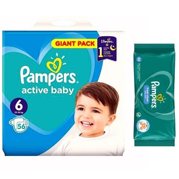 Pachet Scutece Pampers Active Baby Giant Pack, Nr. 6, 13-18 kg, 56 Buc si Servetele Pampers 52 Buc Pachet Scutece Pampers Active Baby Giant Pack, Nr. 6, 13-18 kg, 56 Buc si Servetele Pampers 52 Buc