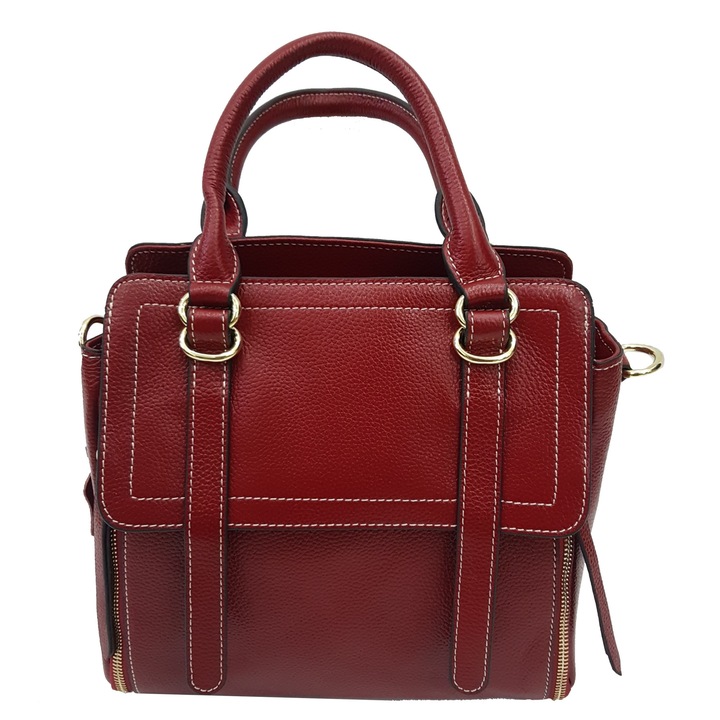 Geanta dama , din piele naturala, rosu bordo , dimensiune 27x26x14