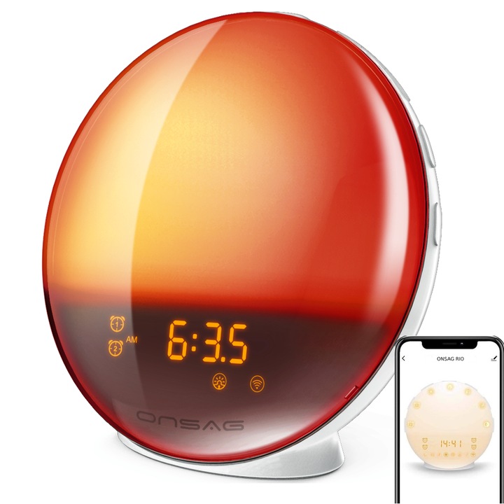 Radio FM cu ceas, Onsag Rio, 7 culori LED, Smart Wake-up light, WiFi, App control, Simulare rasarit, Sunete albe, port USB, Alexa/Google Home