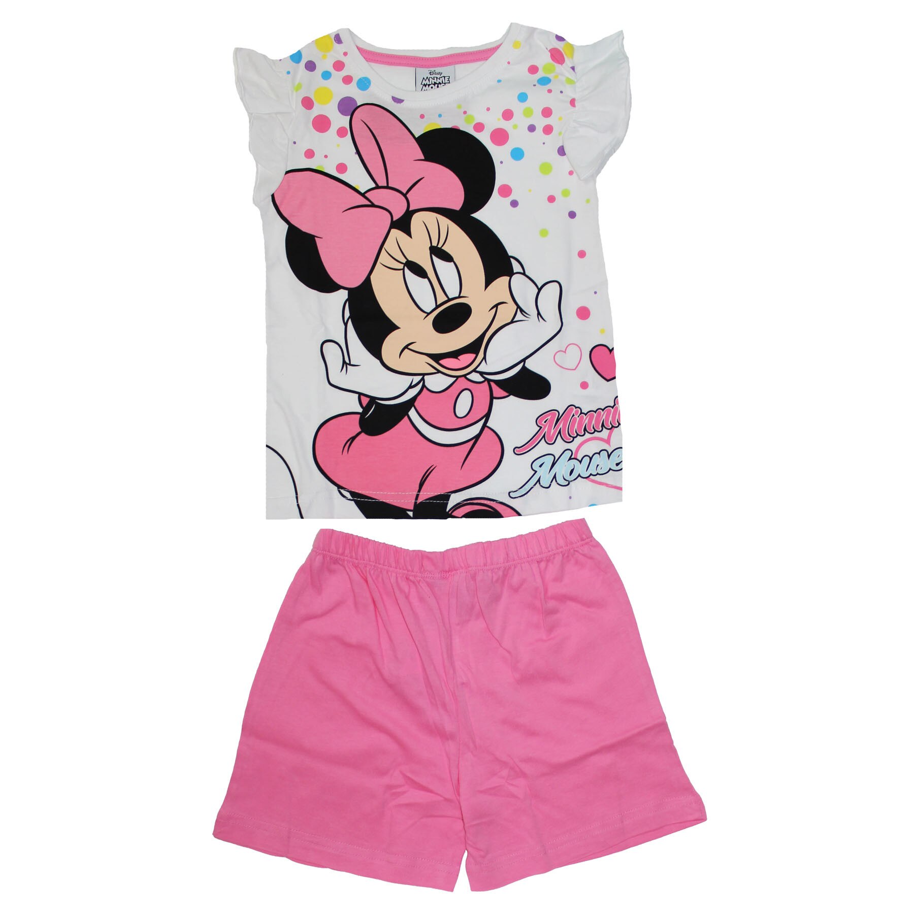 Pijama maneca scurta, alba cu buline colorate