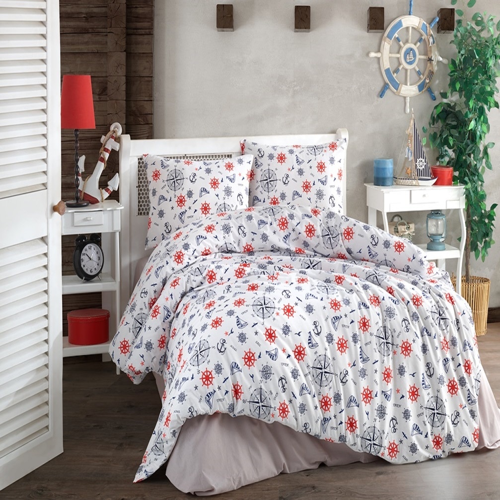 Set Lenjerie pat dublu Studio Casa Navy, 100% Bumbac Ranforce, Cearceaf pat 220 x 240 cm, Cearceaf pilota 180 x 200 cm +2 fete de perna 50 x 70 cm