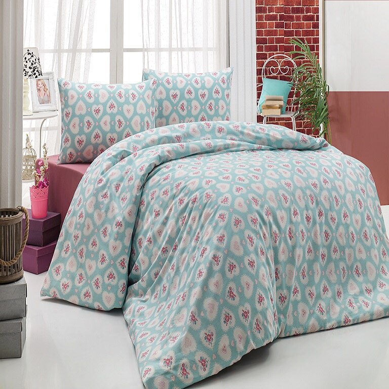 Set Lenjerie pat dublu Studio Casa Hearty Ice Blue, 100% Bumbac Ranforce, Cearceaf pat 220 x 240 cm, Cearceaf pilota 180 x 200 cm +2 fete de perna 50 x 70 cm