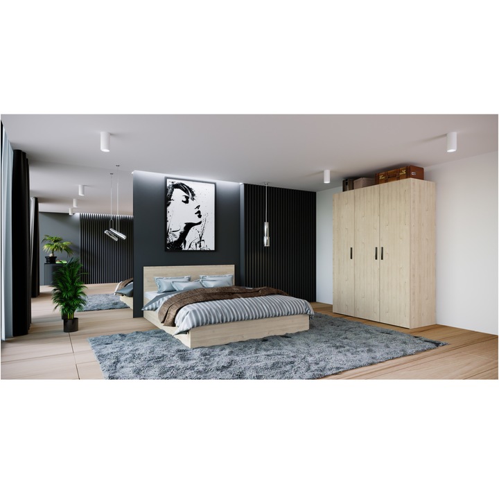 Dormitor Irim Pito , Pat 140x200 cm, Dulap 3 usi, Culoare Nuc Virginia
