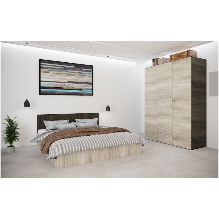 Комплект мебели за спалня Irim Opi, Легло 160x200 см, Гардероб 3 врати, Sonoma Choco