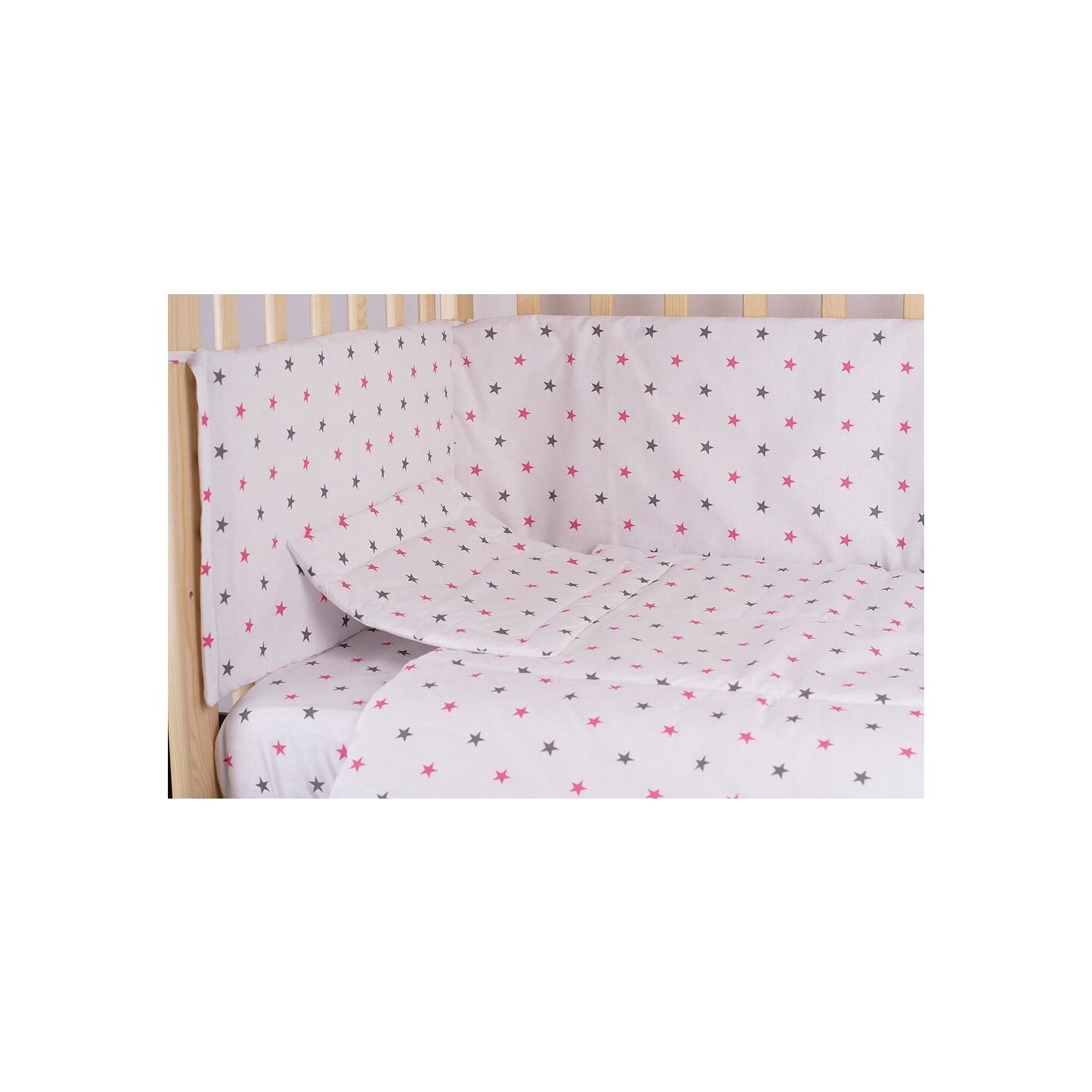 Lenjerie alba, stelute roz cu gri,4 piese, 120 x 60