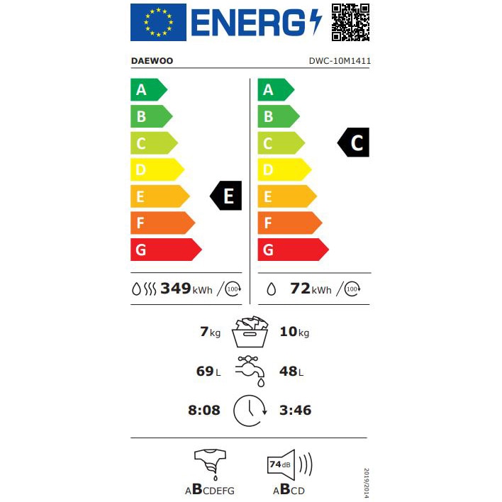 Masina de spalat rufe cu uscator Daewoo DWC-10M1411, Spalare 10 kg, Uscare 7 kg, 1400 RPM, Clasa C, Alb