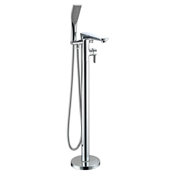 Baterie cada cu montaj pe podea, free standing, crom, set de dus inclus
