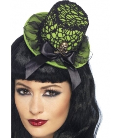 Mini palarie, pentru Halloween, verde, cu panza de paianjen si craniu