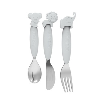 Set 3 tacamuri copii BO Jungle, din silicon si inox, Gri Set 3 tacamuri copii BO Jungle, din silicon si inox, Gri