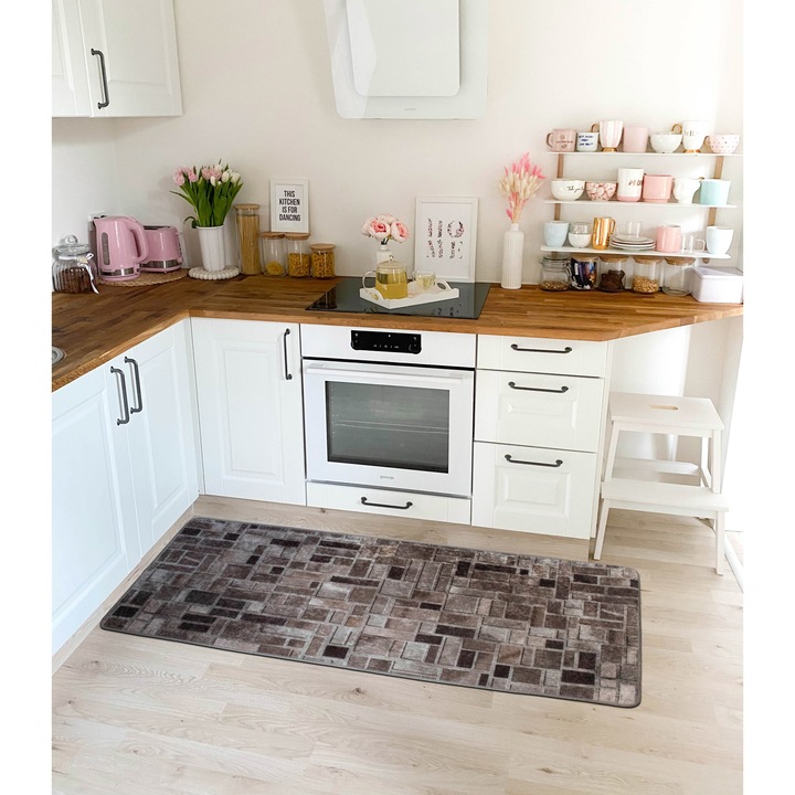 Covor bucatarie Brill Noya, 80X300 cm, neplusat, grosime 2.5 mm, tip printed, aspect lucios, lavabile, poliester, antiderapant, gramaj 750g/mp, model caramizi maro