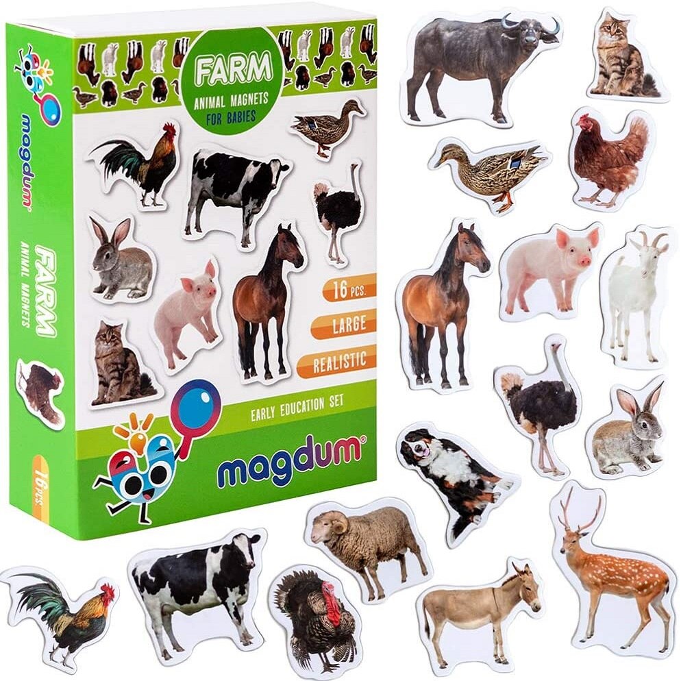 Set magneti de jucarie, MAGDUM, Farm Animals Photo, Multicolor, 16 piese,17x12x3.7 cm