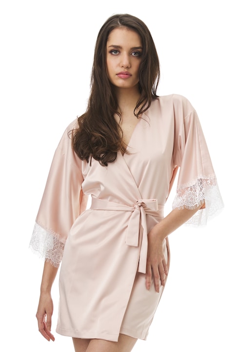 Kimono din satin de matase cu insertii dantela En Privé, Model Grace, Bej sampanie
