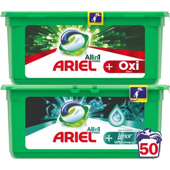 Pachet promo: Detergent capsule Ariel All in One PODS+ Oxi Efect 25 spalari + Detergent capsule Ariel All in One PODS+ Unstoppables 25 spalari Pachet promo: Detergent capsule Ariel All in One PODS+ Oxi Efect 25 spalari + Detergent capsule Ariel All in One PODS+ Unstoppables 25 spalari