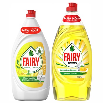 Pachet promo: Detergent de vase Fairy Lemon, 800 ml + Detergent de vase Fairy Extra+ Citrice 900 ml Pachet promo: Detergent de vase Fairy Lemon, 800 ml + Detergent de vase Fairy Extra+ Citrice 900 ml