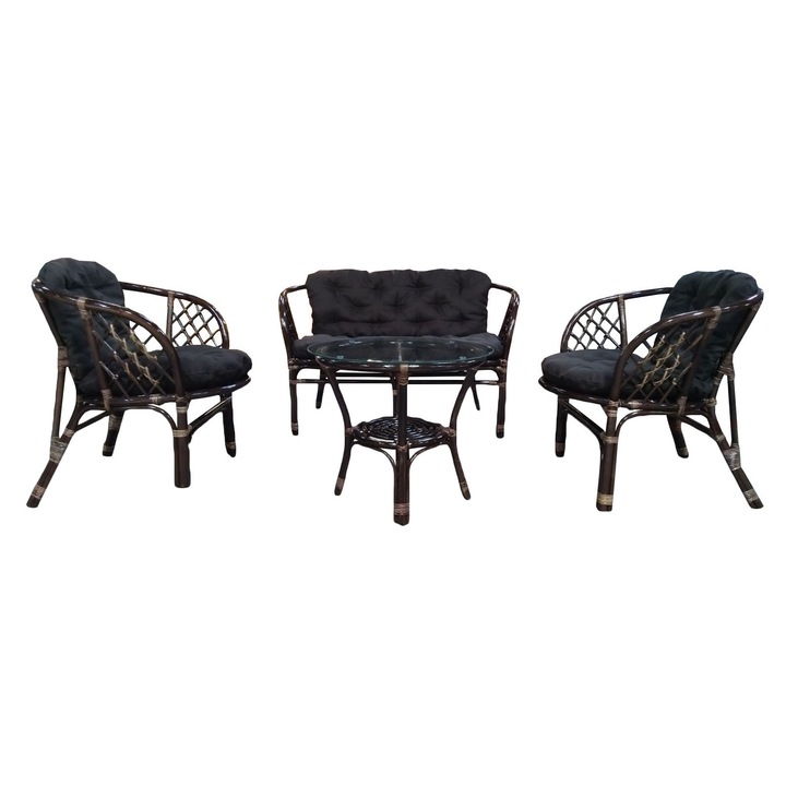 Set mobilier gradina cu 2 scaune si canapea, Bahama Choco Brown, Lemn/Sticla, perne incluse