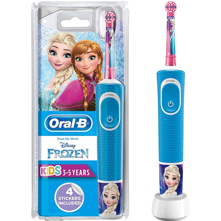 Детска електрическа четка за зъби Oral-B, 4 сменяеми стикера, Disney Frozen, за деца над 3 годинки, Синя