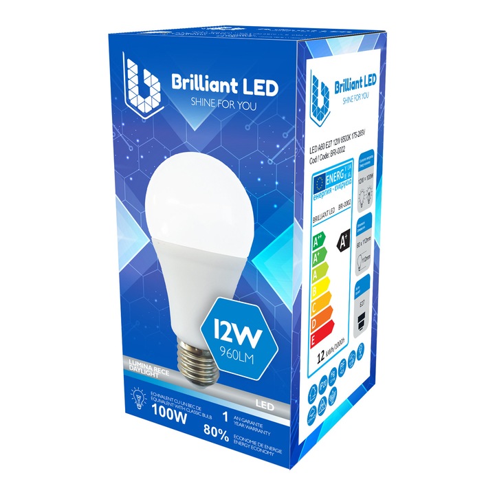 Bec Brilliant LED, 12W (100W), 960lm, lumina rece 6500k, 175-265V, E27