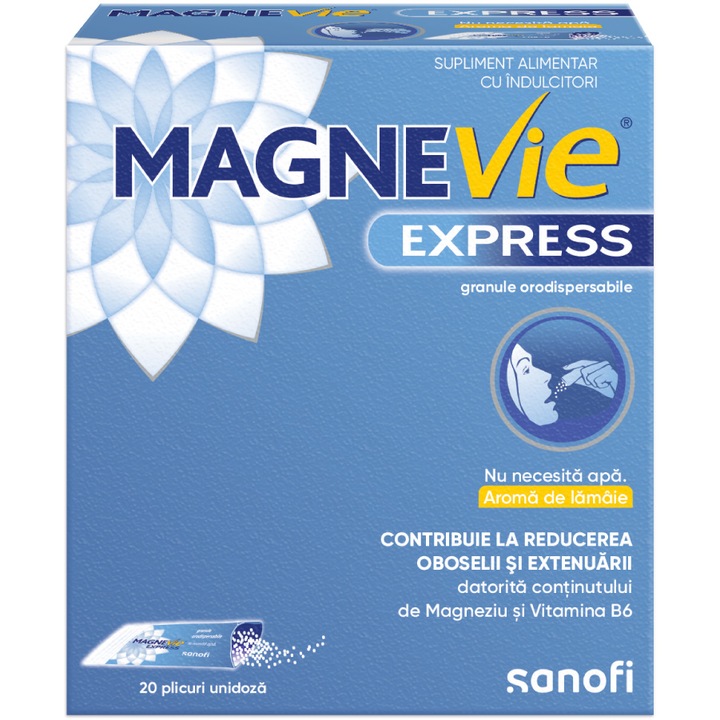 MagneVie Express, 150 mg magneziu + 0.7mg vitamina B6, plus de energie, sustinerea efortului fizic si intelectual intens, reducerea oboselii si extenuarii, administrare fara apa, 20 plicuri