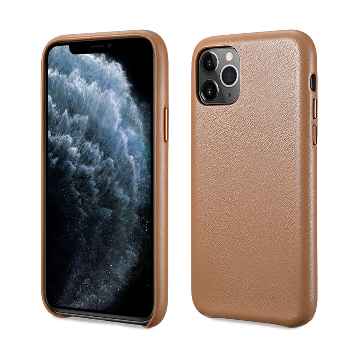 iPhone 11 Pro Max, Vékony tok természetes bőrből, gombvédő, back cover, iCarer, Barna