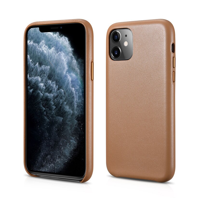 Husa iPhone 11, iCarer, slim din piele naturala, protectie butoane, back cover, culoare Maro