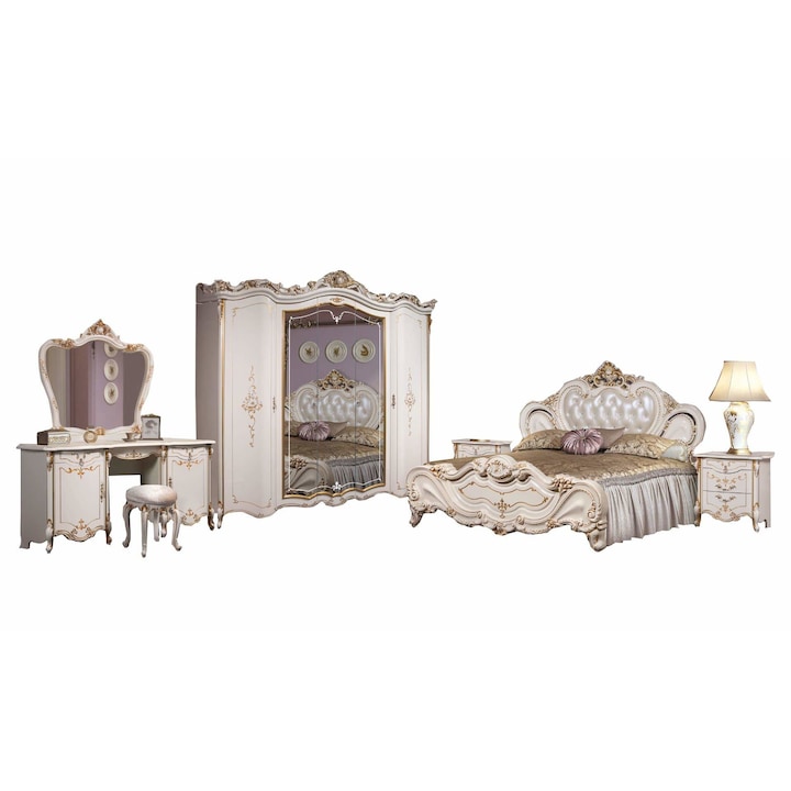 Dormitor Eliza, clasic, alb cu detalii aurii, 6 piese, pal lucios si mdf