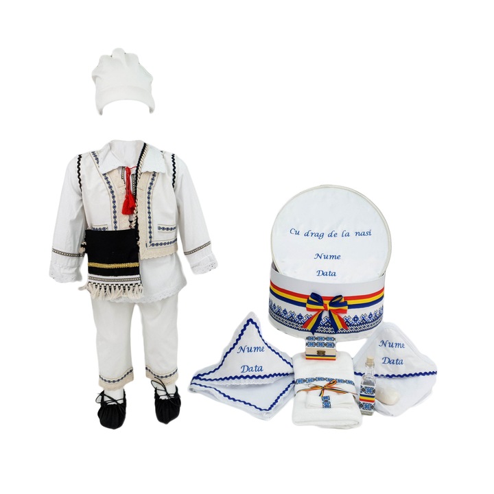 Set botez traditional personalizat Vasile, doua piese bleumarin, varsta 0-3 luni