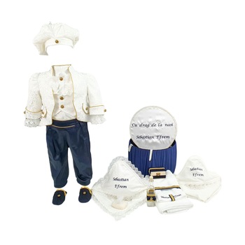Set Botez Personalizat Micul Print, Trei Piese Alb-Bleumarin, varsta 3-6 luni Set Botez Personalizat Micul Print, Trei Piese Alb-Bleumarin, varsta 3-6 luni