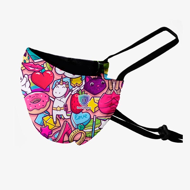 Be Happy Gyermekszájmaszk, 3 Rétegű, Mosható, Vasalható, Fertőtleníthető, Állítható Pánttal, Vidám mintás