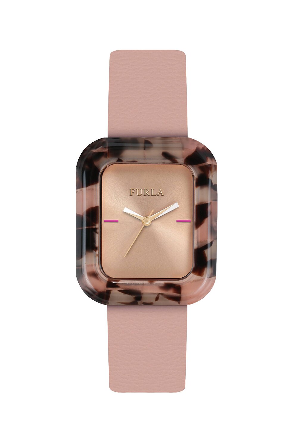 Furla, Ceas dreptunghiular cu o curea de piele, Roz prafuit/Negru/Auriu rose