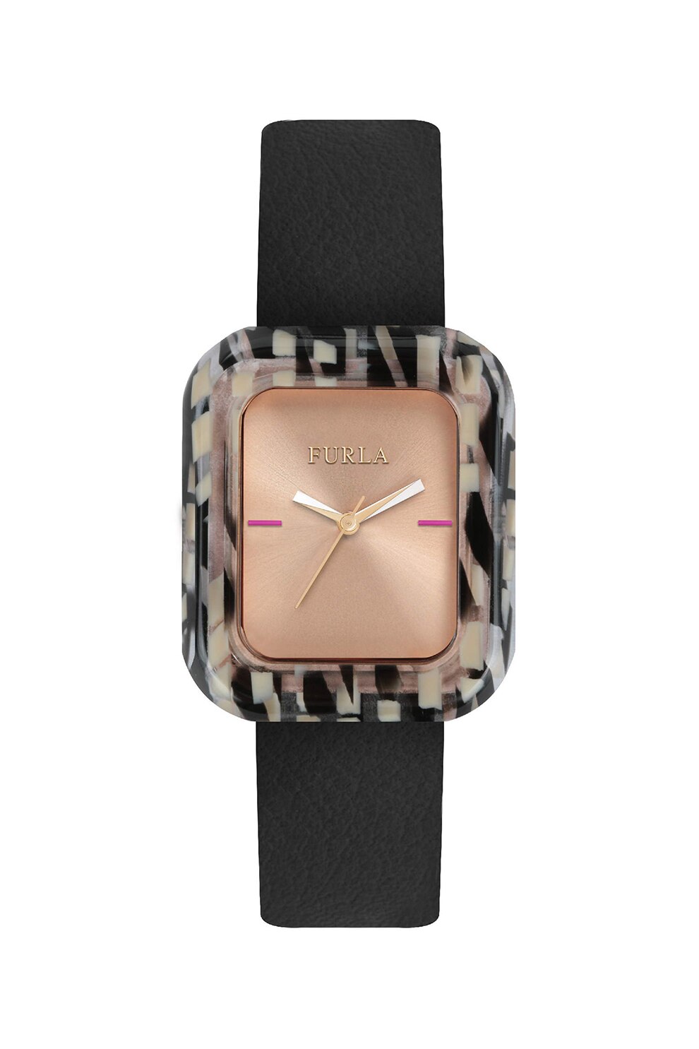 Furla, Ceas dreptunghiular cu o curea de piele, Negru/Auriu rose