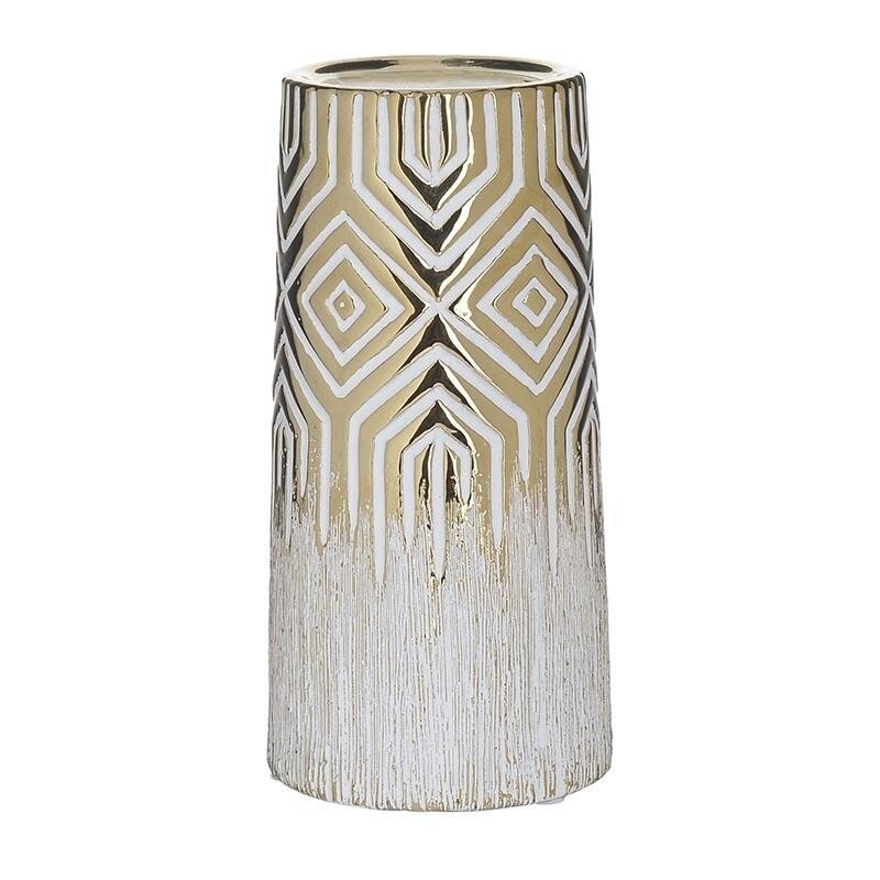 Suport lumanare din ceramica, alb-gold, 10 x 20 cm