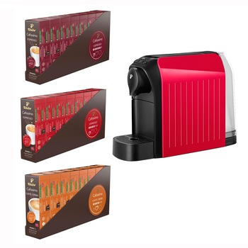 Pachet 24 cutii capsule cafea Tchibo Cafissimo + Cadou: espressor Tchibo Cafissimo easy, Rosu Pachet 24 cutii capsule cafea Tchibo Cafissimo + Cadou: espressor Tchibo Cafissimo easy, Rosu