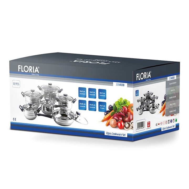 Set oale inox 12 piese ZLN-4038, Potrivit pentru toate sursele de caldura, inclusiv inductie, Floria